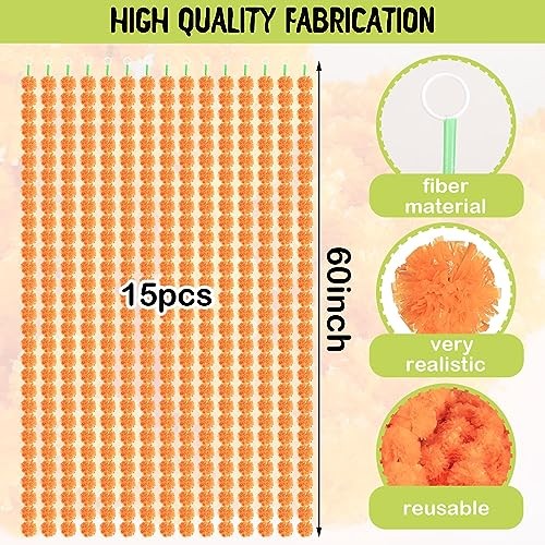 15 Pack Marigold Garland for Decoration 5 ft Long Strands Faux Orange Red