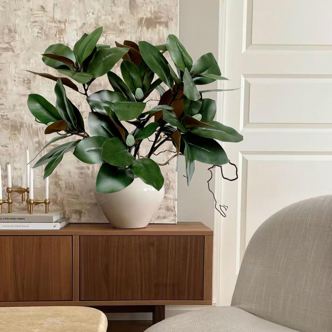 32 Inch Magnolia Artificial Leaves Branches 3D Plastic Printing Houseplant Pl…