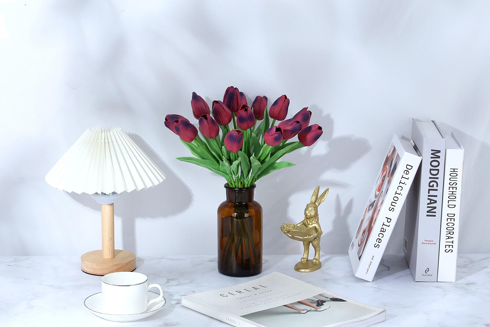 15pcs Tulips Fake Burgundy Artificial Flowers Real Touch 14″ PU Flower for Ho…