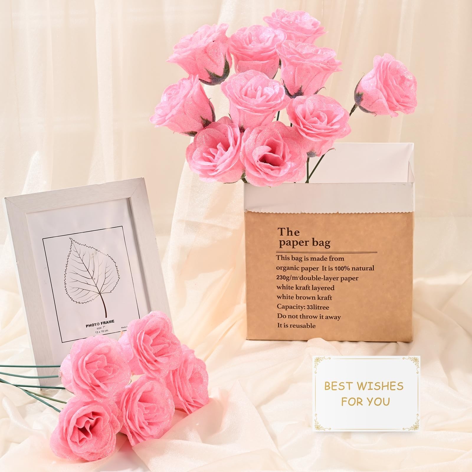 Pink Glitter Roses Bouquet – 24 Artificial Flowers for Wedding, Engagement, Vale