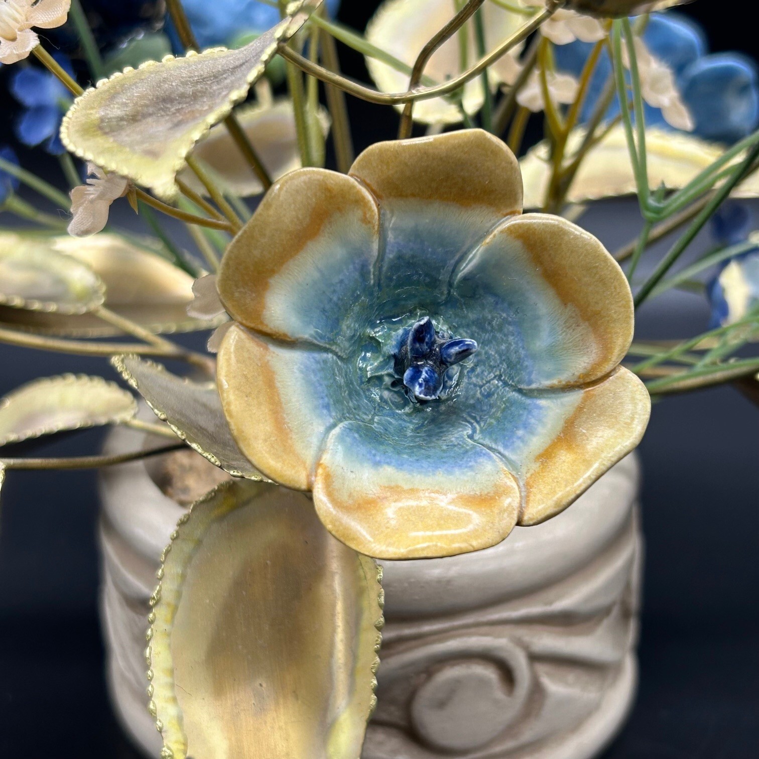 Mixed Media Flower Arrangement Ceramic & Faux Silk Flowers Metal Leaves in Pot