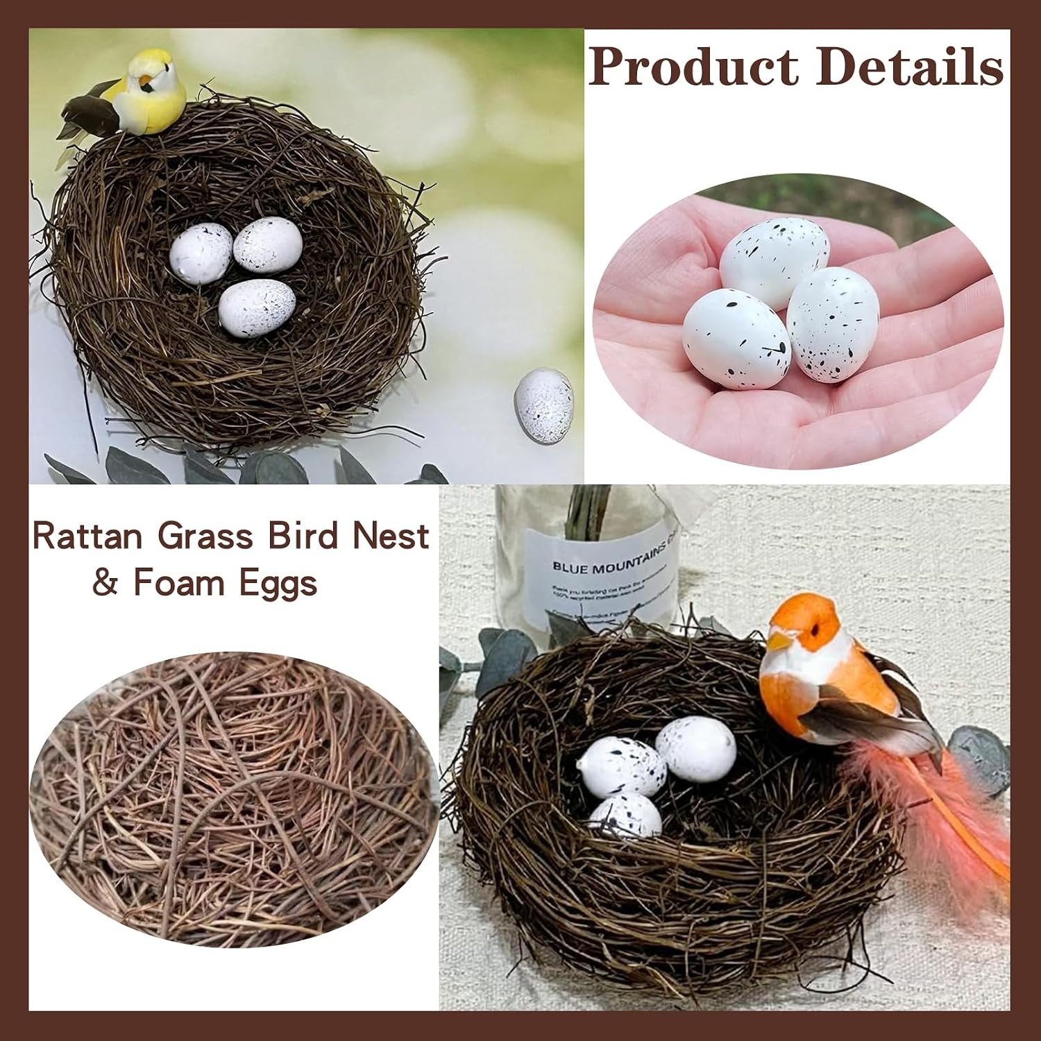 Artificial Birds Nest with Eggs 2 Sets Large Decorative Rattan Birds Nest 4.7Inc
