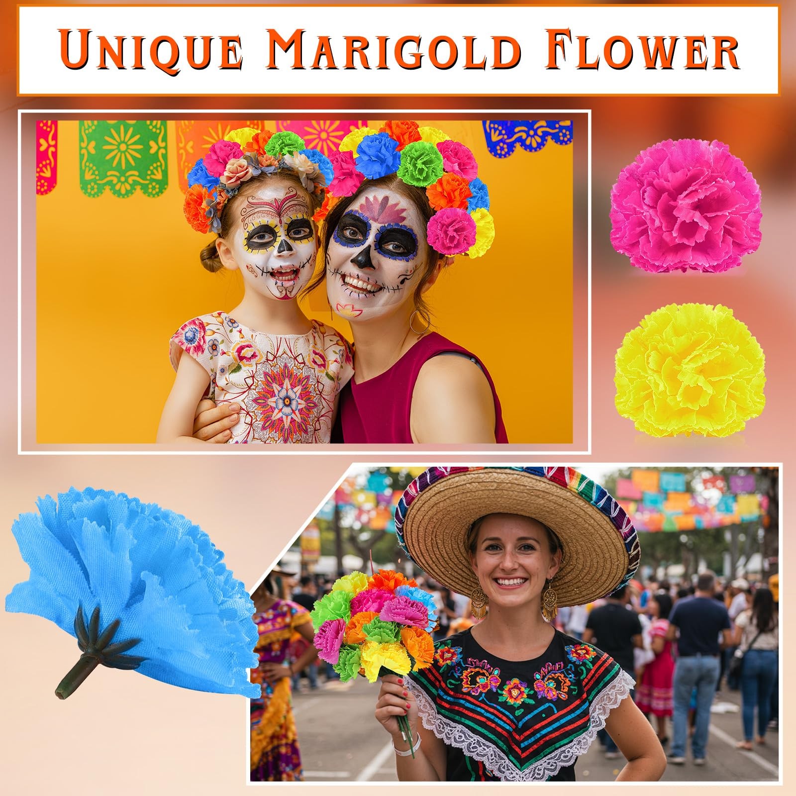 50 Pcs Artificial Marigold Flower Bulk Decorations Mexican Flores Artificiale…