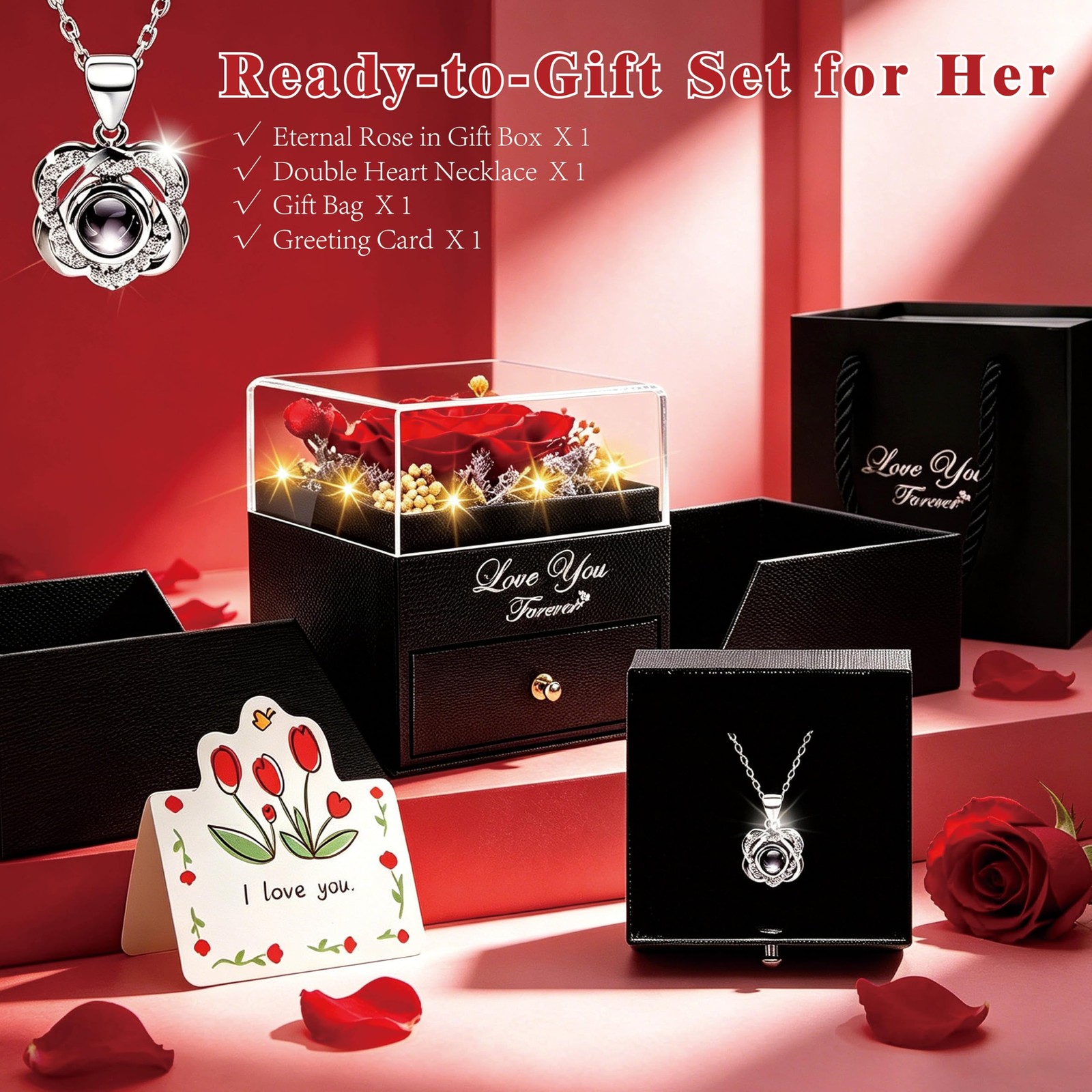 Preserved Red Real Rose with Heart I Love You Necklace -Mothers Day Gifts for…