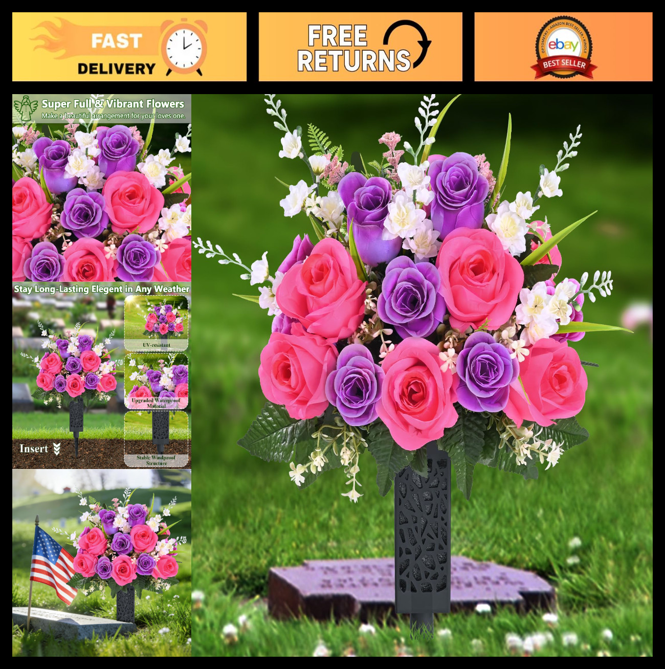 2 Sets Realistic Artificial Cemetery Flowers, UV Resistant Silk Roses with Vase