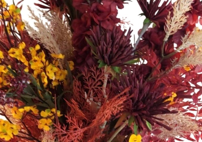 Hand Tied Artificial Flower Bouquet With Dark Reds and Yellow Wildflower mixture