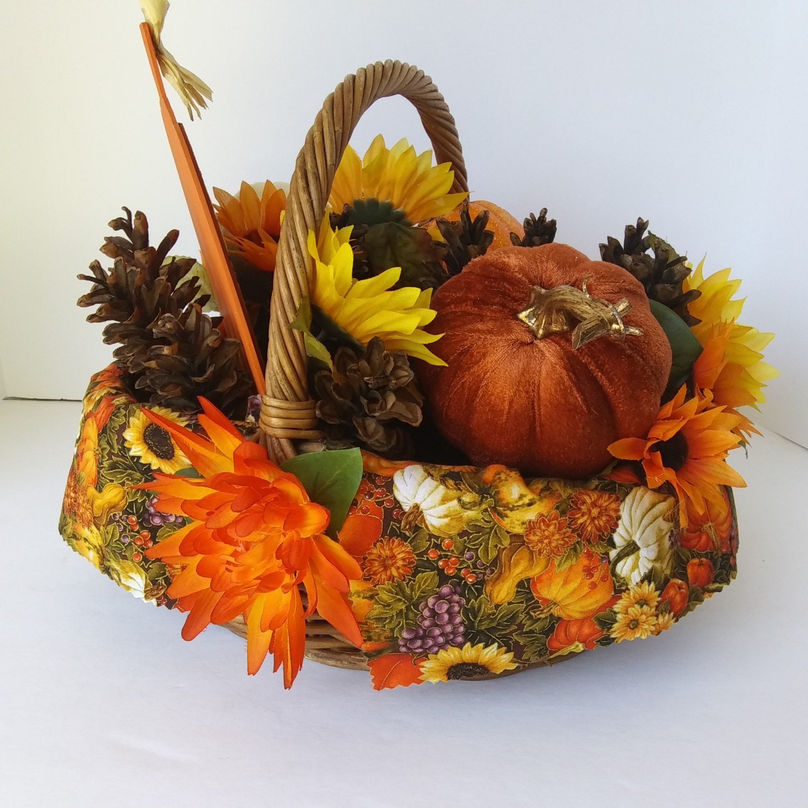 Fall Harvest Basket Centerpiece Sunflowers Pumpkins Pinecones Autumn Décor