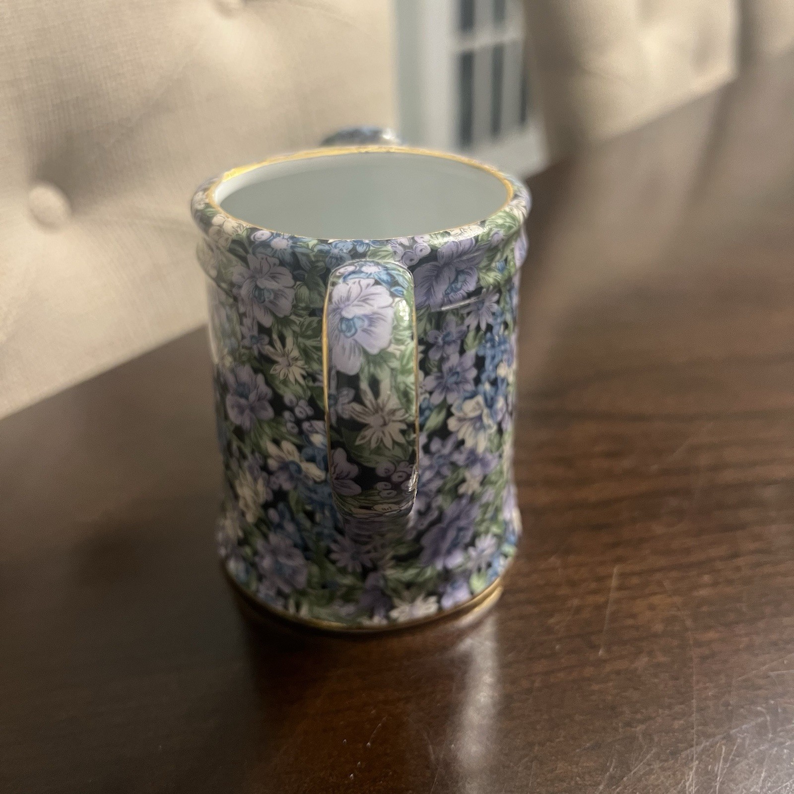 Porcelain Watering Can Two’s Company Mollie Blue Purple Chintz Floral Gold 4”