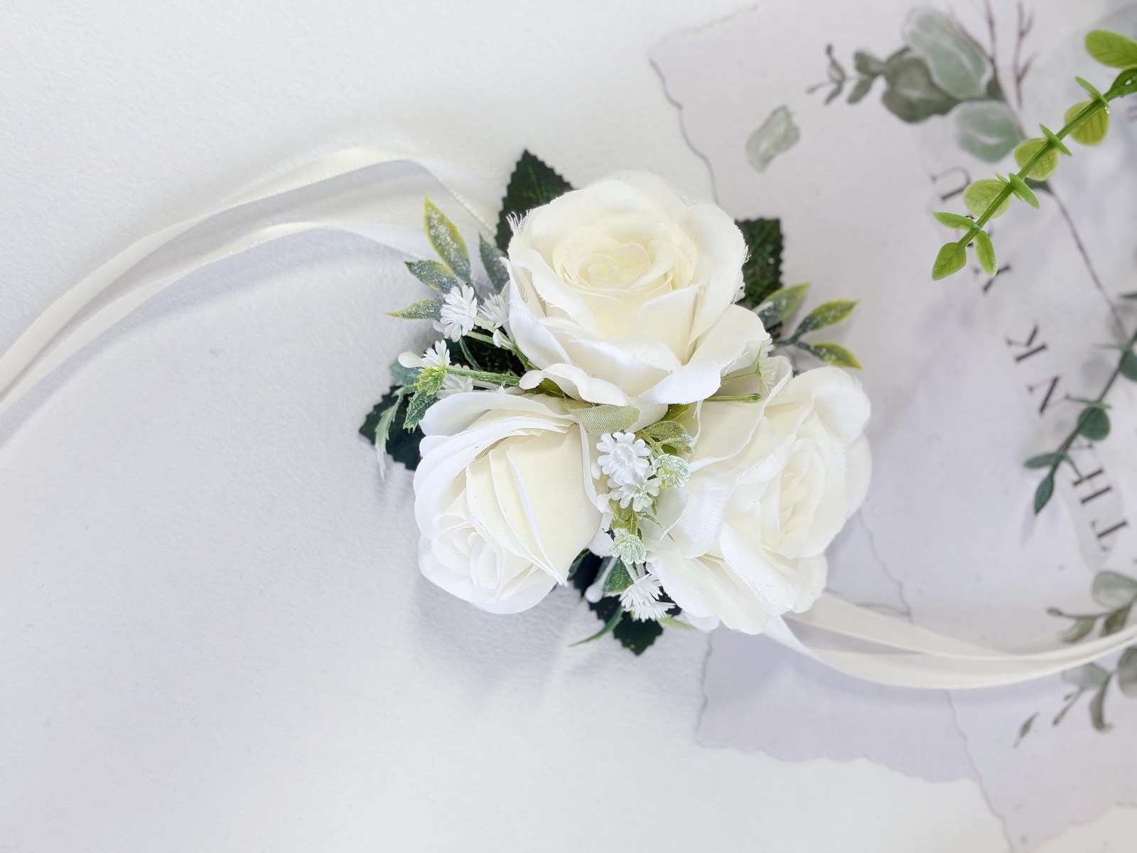 White Rose Corsage and Boutonniere Set with Green Leaves for Wedding Flower A…