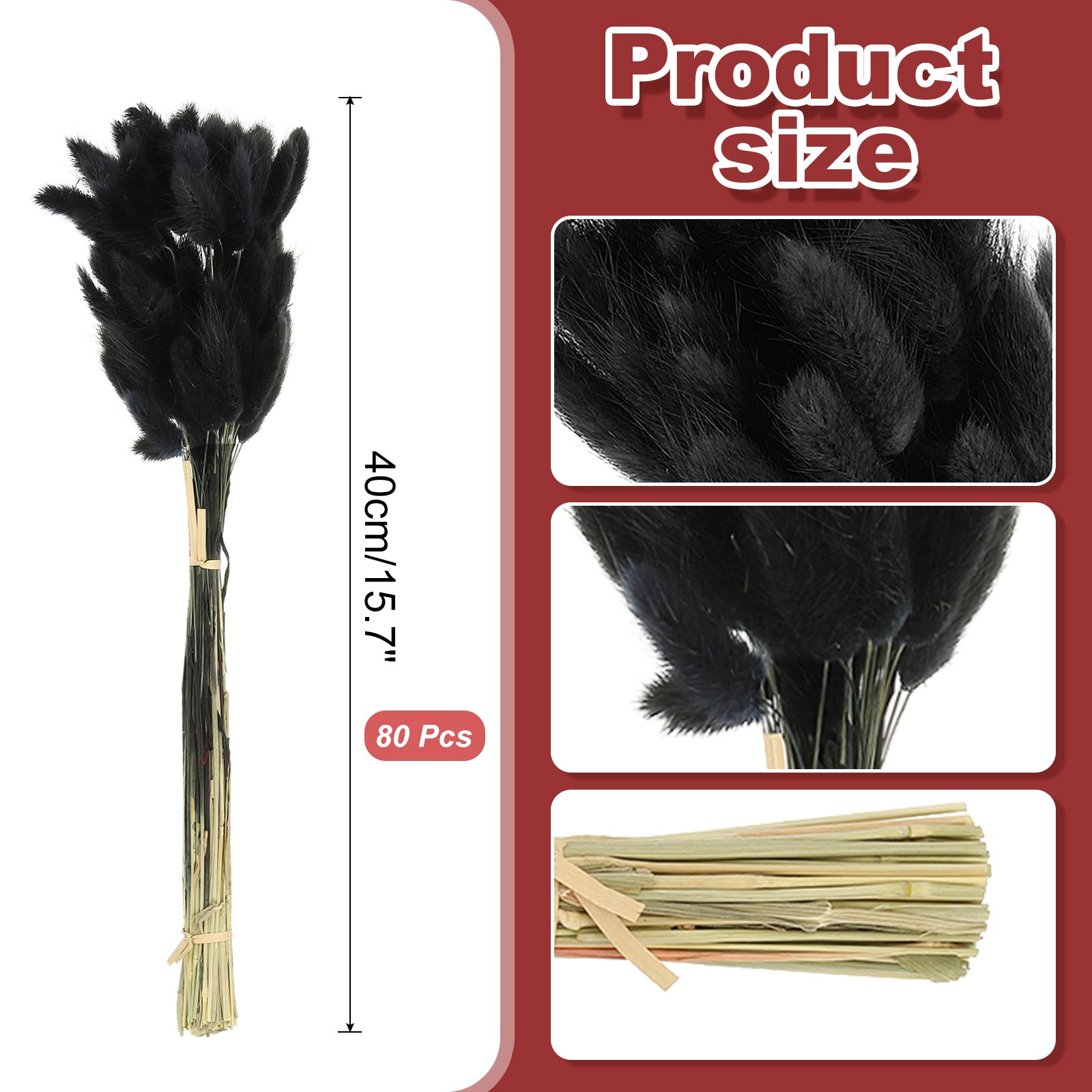 15.7in Bunny Tails Dried Flowers, 80pcs Pampas Grass Decor Rabbit Tail, Black