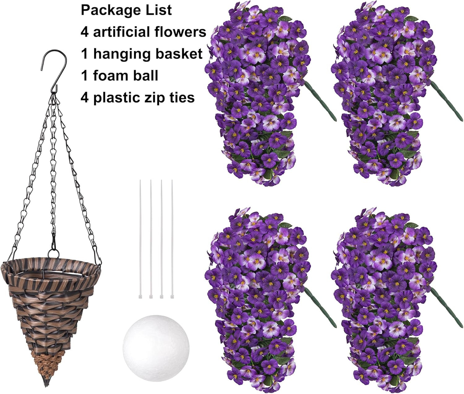 4Pcs Artificial Flowers for Outdoors Fake Pansy with Hanging Basket UV Resistant