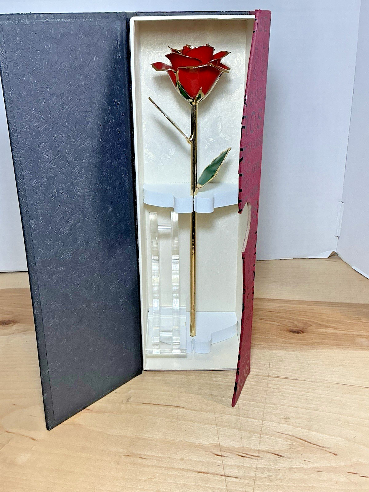 24K Gold Trim Red Rose Dipped Rose in Gift Box w/ Display Stand Valentine’s Gift