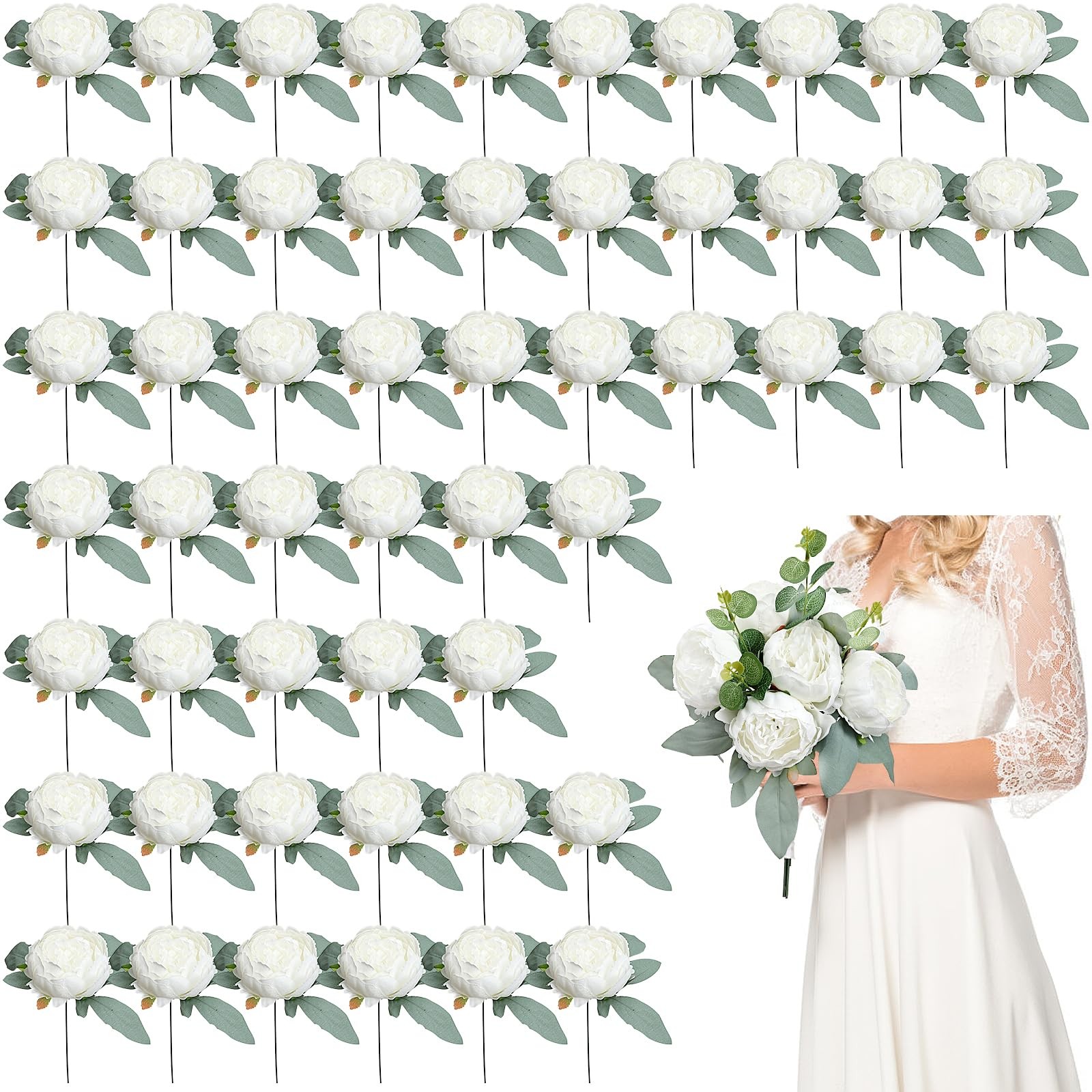 50 PCS Artificial Peonies Flowers Bulk 4 White Fake Heads Faux Silk Wedding