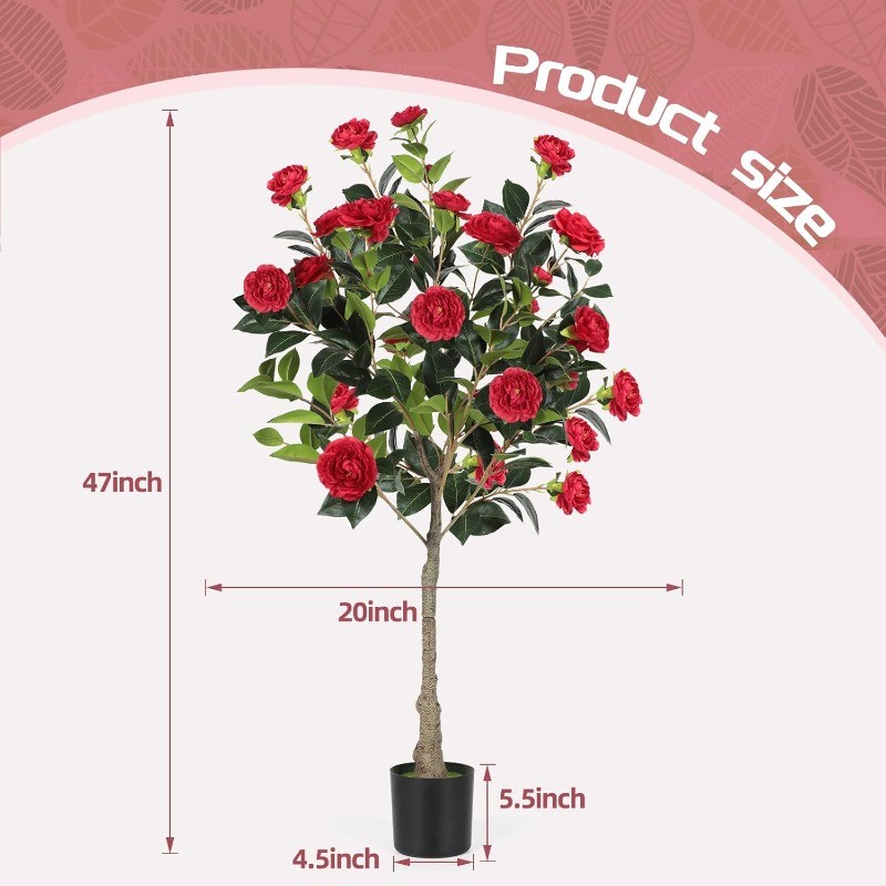 2PCS 4 FT Artificial Camellia Tree with Blooming Red Flowers for Indoor Outdoor