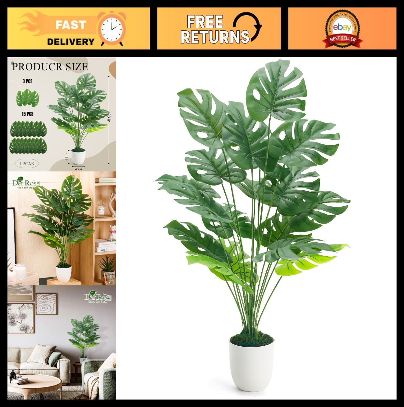 28″ Large Artificial Monstera Plant – Faux Potted Indoor Tree for Living Room De