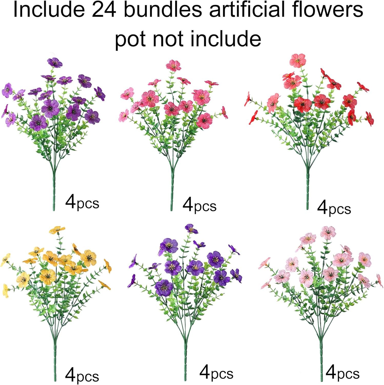 Artificial Flowers for Outdoor 24 Bundles Fake Mums with Eucalyptus Leaves UV