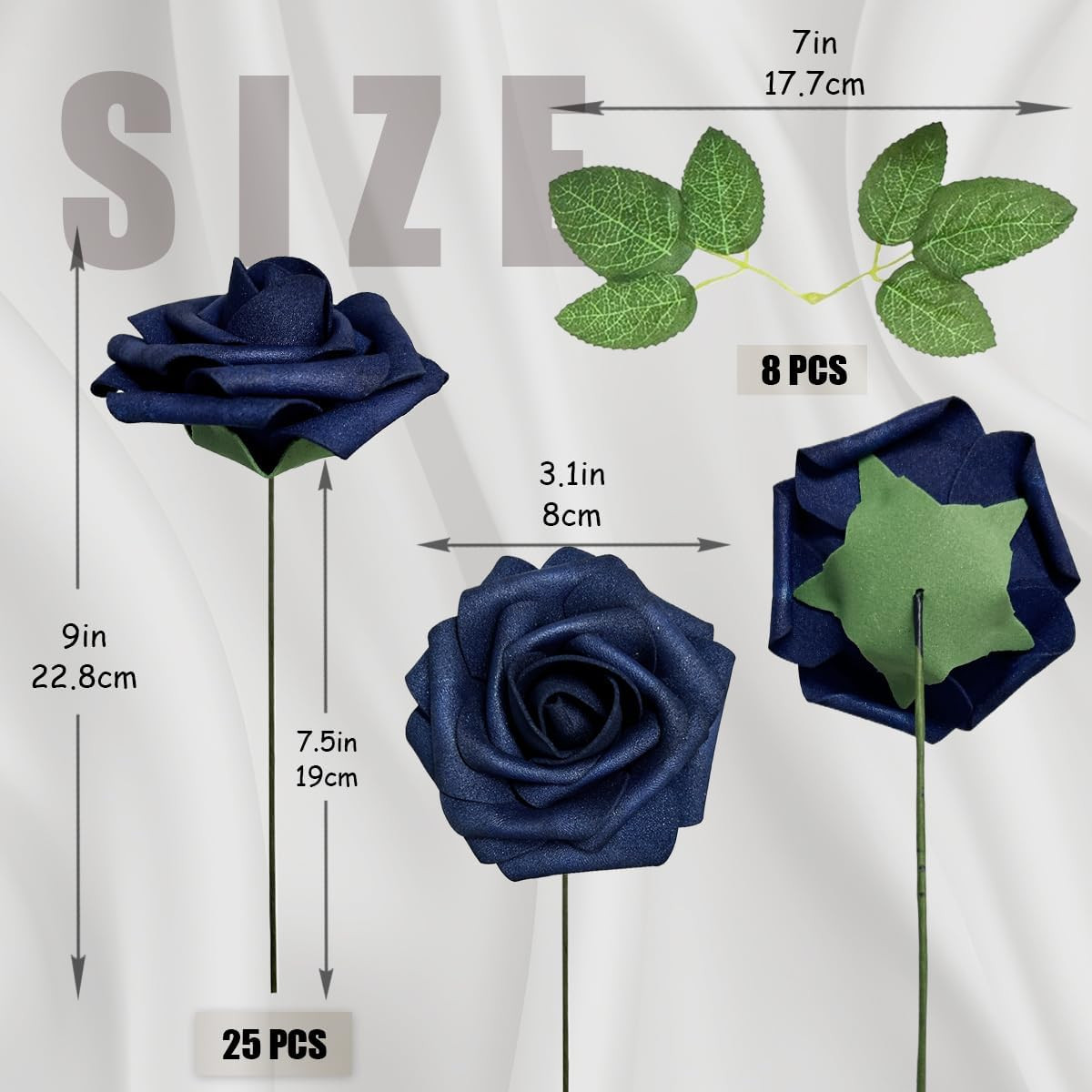 25pcs Navy Blue Artificial Flowers Decorations, Real Touch Foam Fake Rose wit…