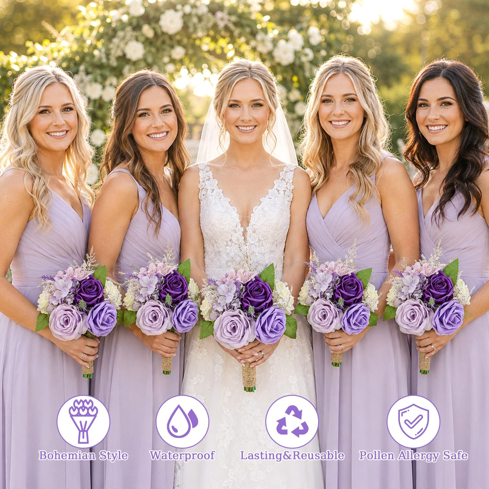 EMONONIA Artificial Bridesmaid Bouquets Set of 2 for Wedding – 7 inch Purple …