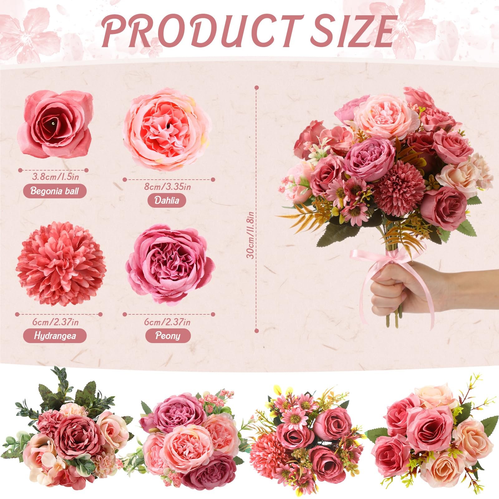 12 Bundles Dusty Pink Artificial Flowers Peonies Silk Dahlia Faux Rose Fake C…