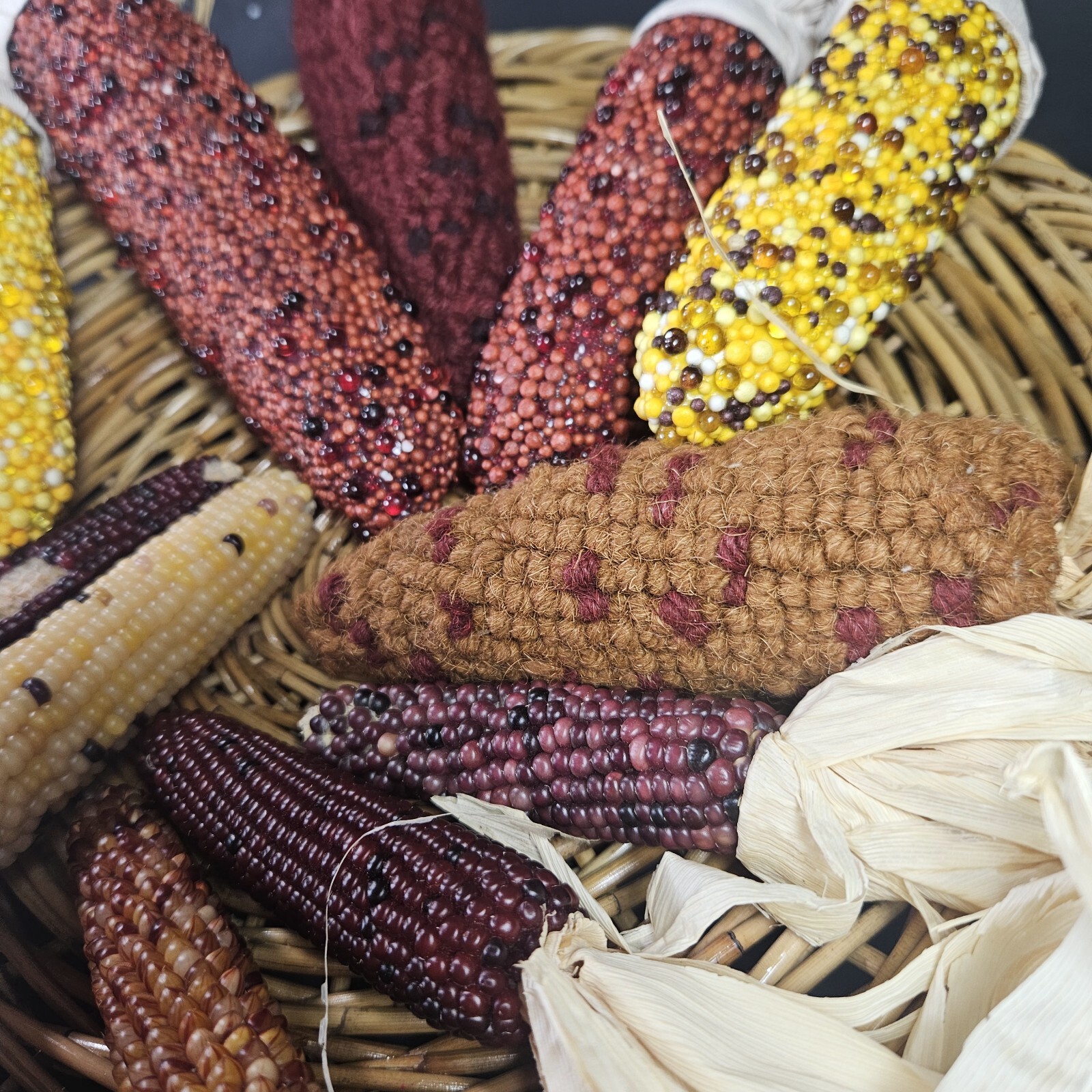 Beaded Indian Corn Cob Mix Lot Styrofoam Acrylic Yarn Thanksgiving Autumn Decor