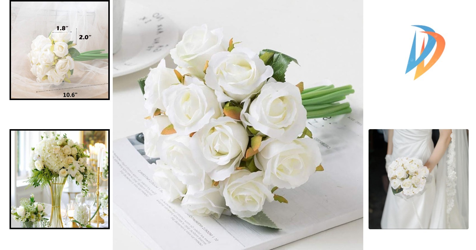 Stunning 12pc White Faux Silk Rose Bouquet – Ideal for Weddings & Parties