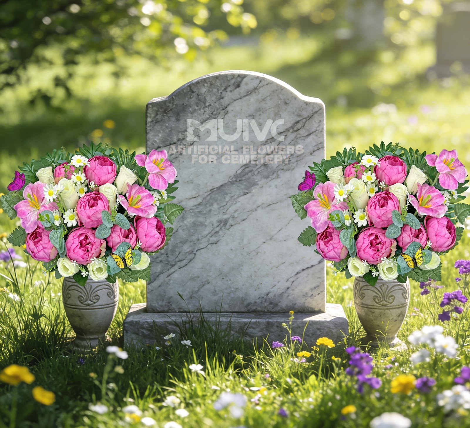 Artificial Cemetery Flower with Vase for Grave – Hibiscus Rose Daisy, Easy Fit