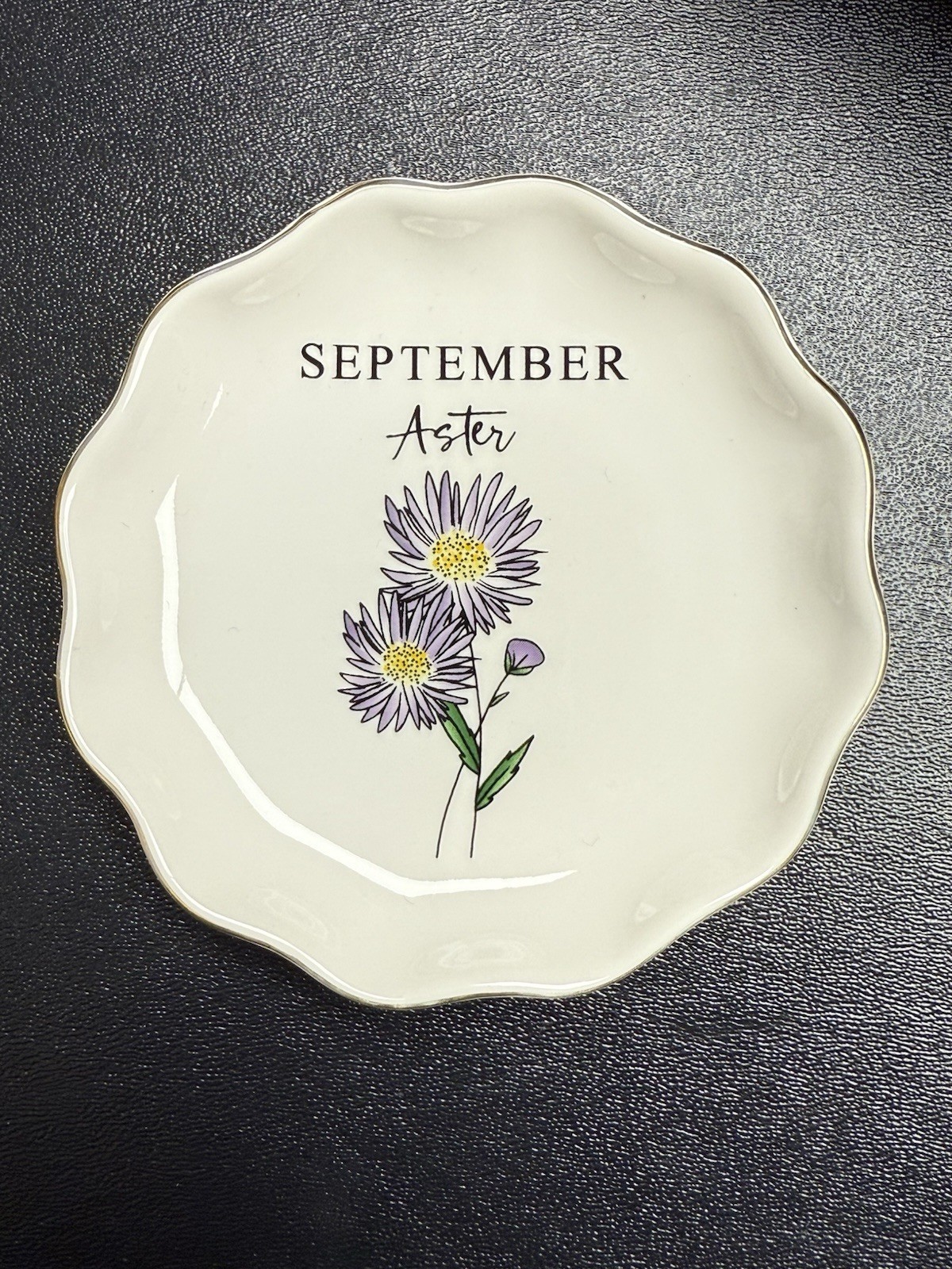 September Flower Purple Aster Floral Trinket 4” Ceramic Porcelain Dish New