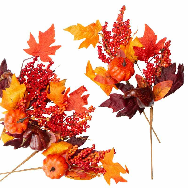 Pack of 6 Autumn Harvest Artificial Maple Leaf 12″ Sprays with Pumpkins & Gourds