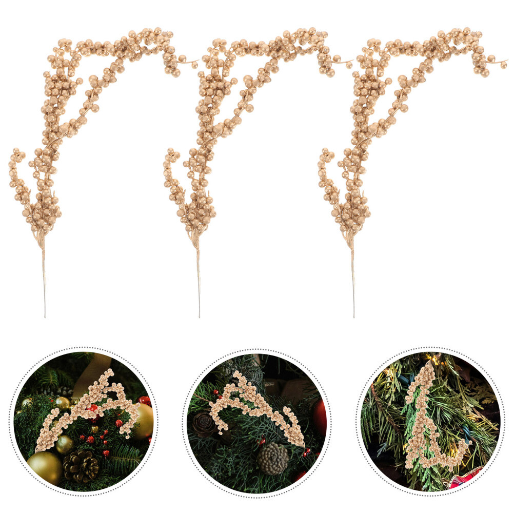 3pcs Christmas Simulated Berry Branches Christmas Tree Branch (Golden)