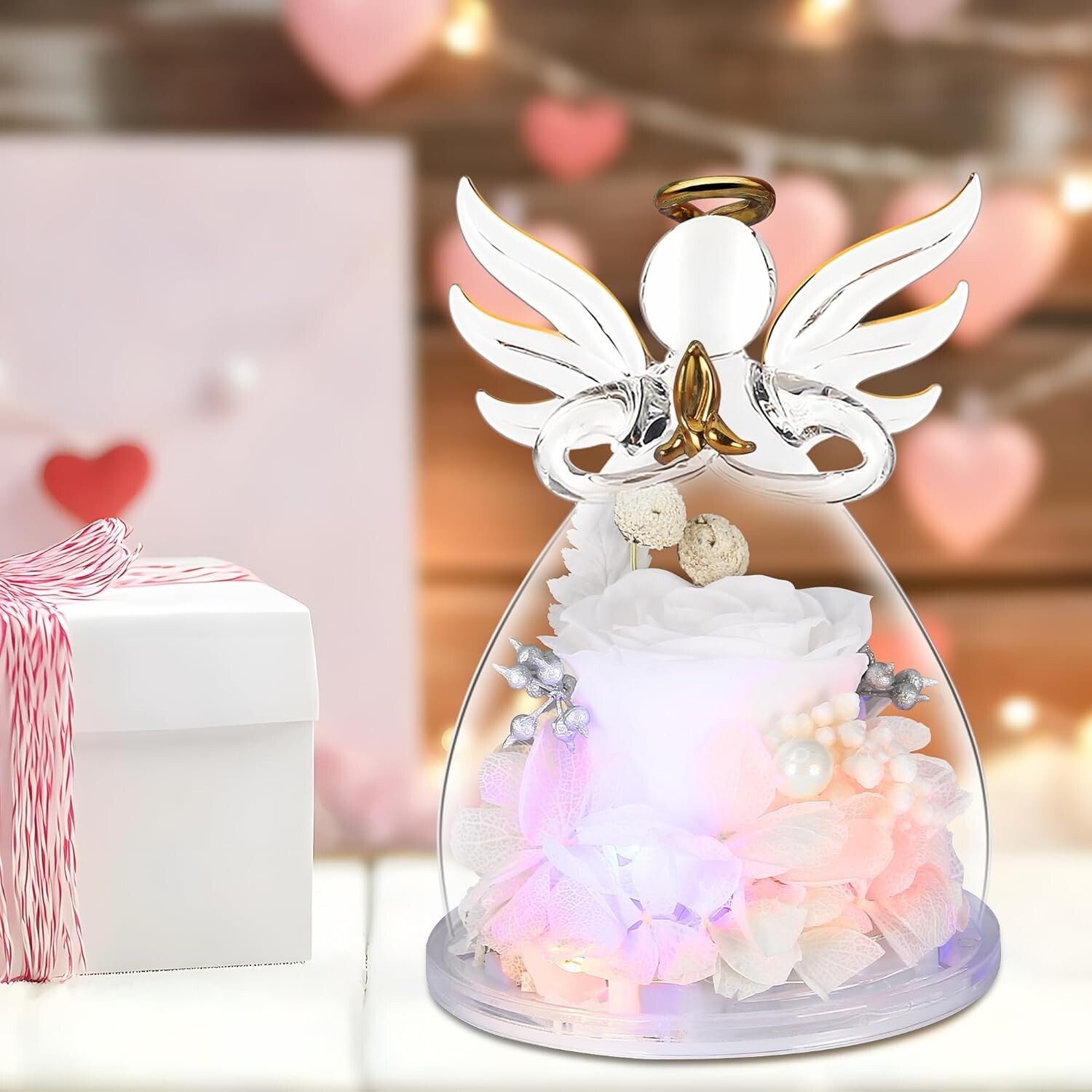 Sentimental Glass Angel Figurine with White Preserved Rose – Gift Box Included