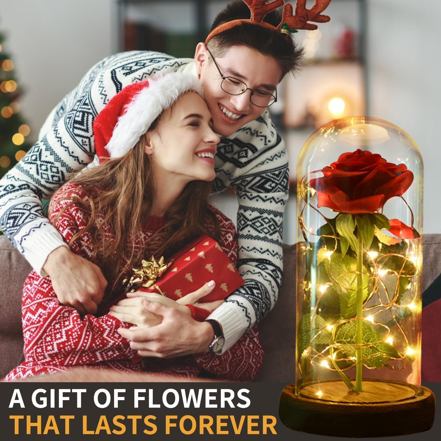 Eternal Red Rose in Glass Dome with LED Lights – Light Up Artificial Rose Déc…
