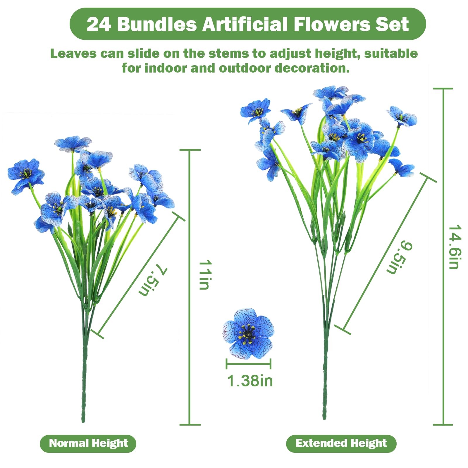 Artificial Flowers Outdoor Blue – 24 Bundles, 5 Branches 18 Heads, 11-14.6″