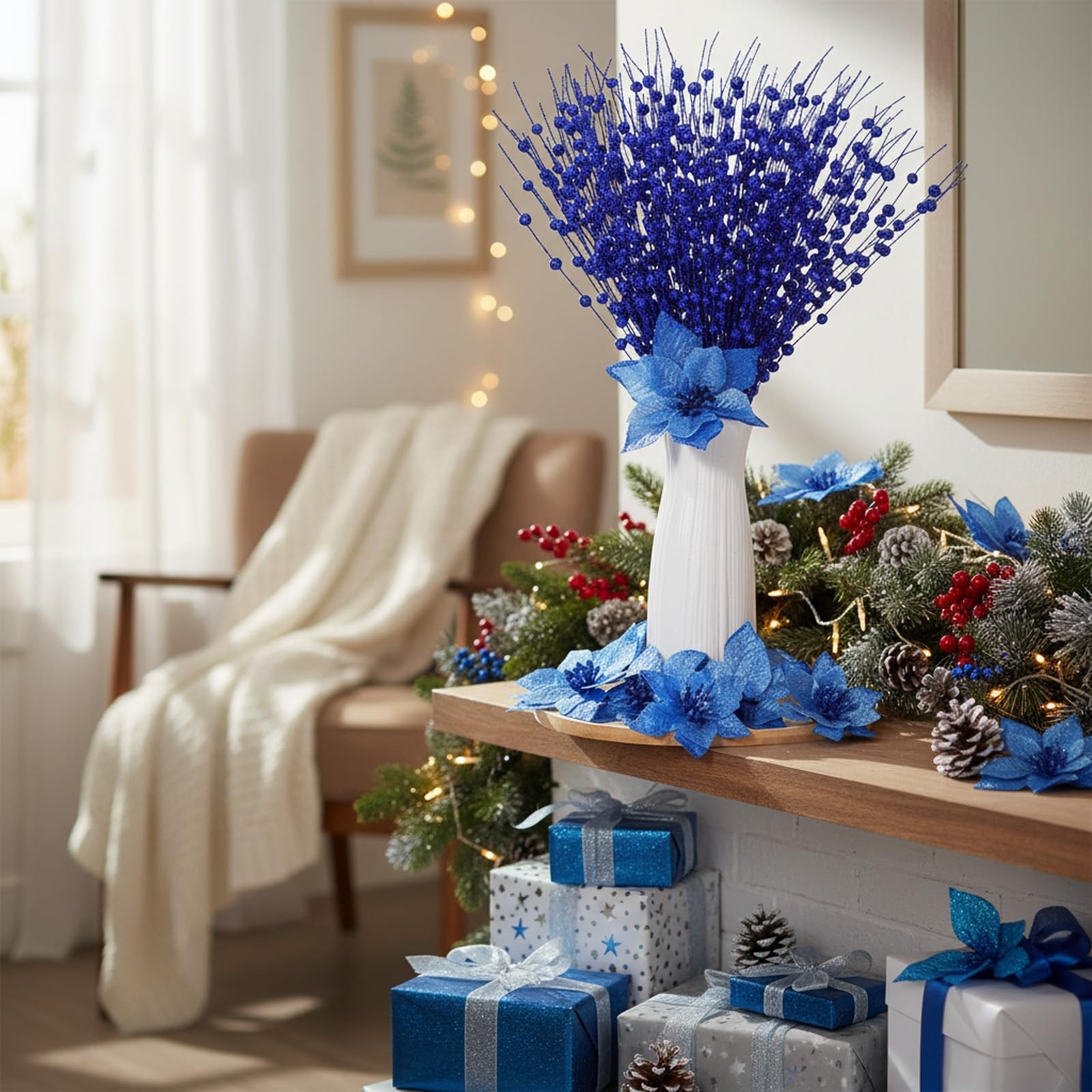 32 Pcs Christmas Tree Poinsettia Flowers and Berry Stems, 16 Pcs 3 Sizes Arti…