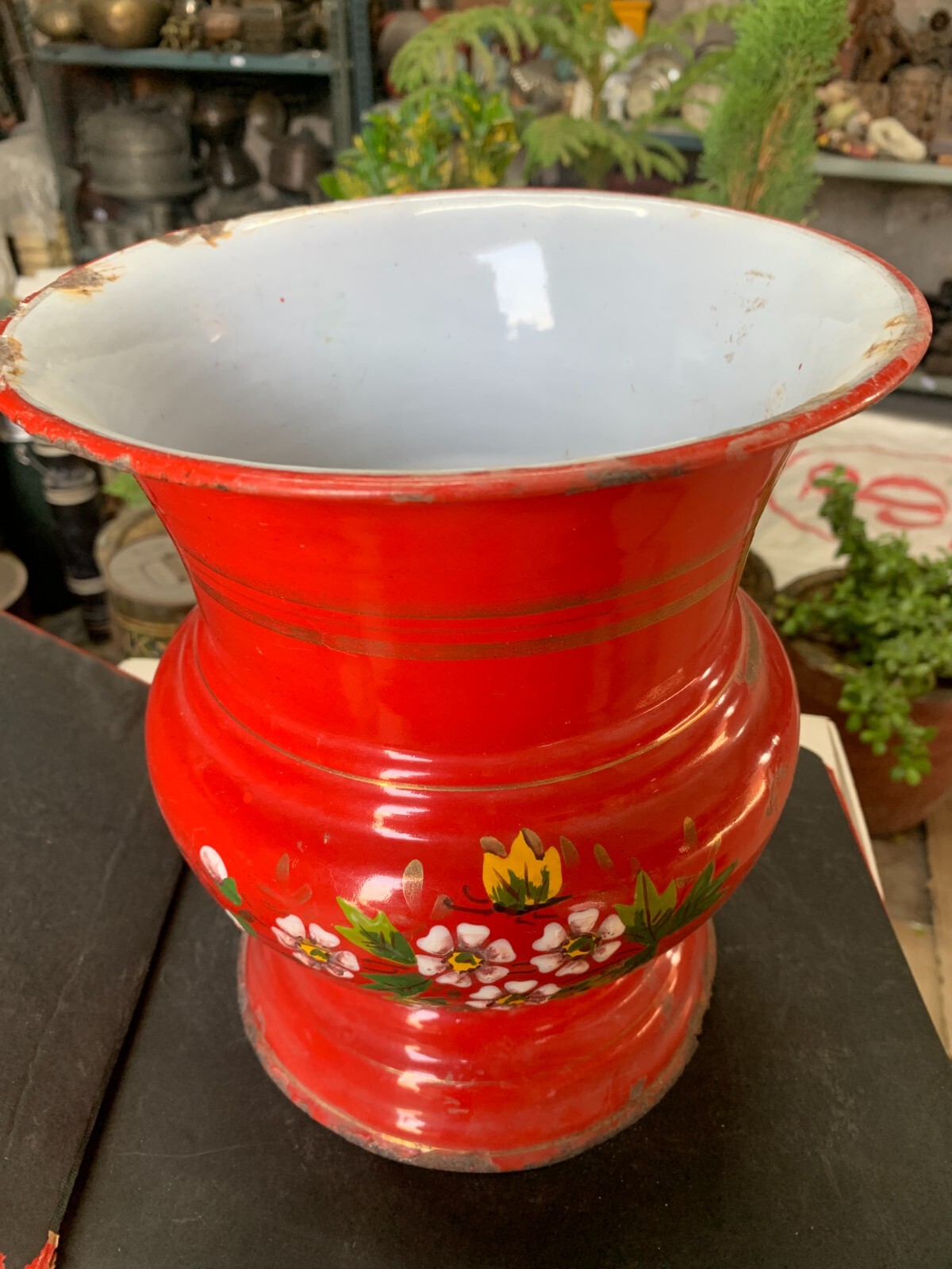 Vintage Hand Crafted Red Color Enamel Floral Leaf Design Painted Flower Vase Pot