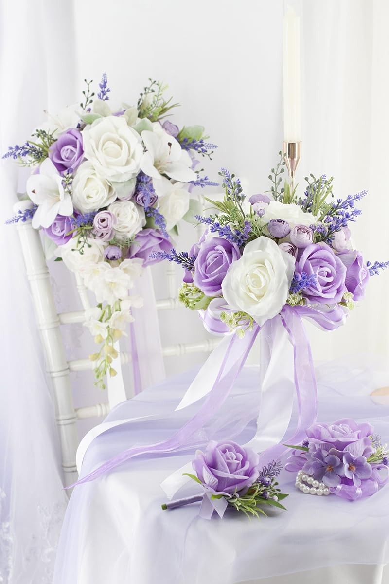 Floinla Bridal Bouquet Cascading, Lilac Purple & White Wedding Bouquets for B…