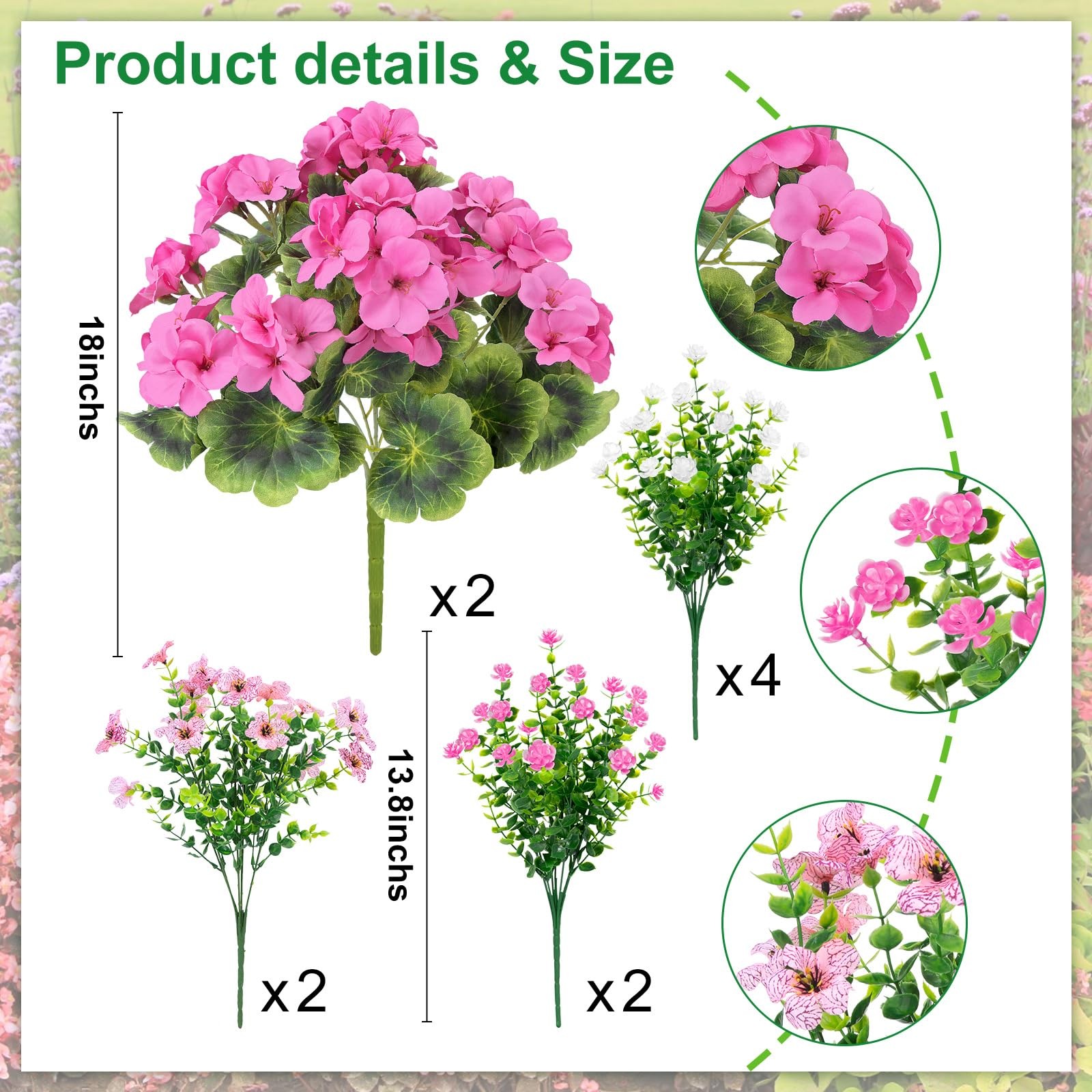 18” Artificial Geraniums Flowers for Outdoors, 10 Bundles Mixed Fake Silk Fl…