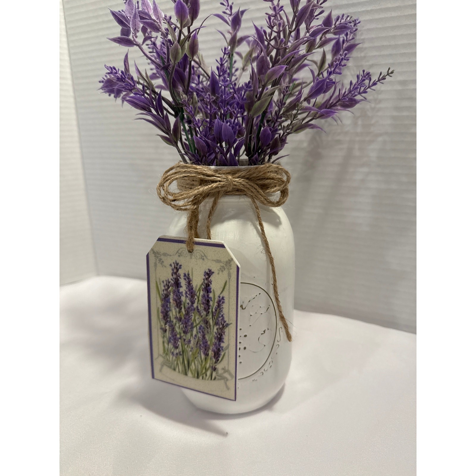French Country Mason Jar filled with Faux Lavendar, Table Decor, Shabby Chic