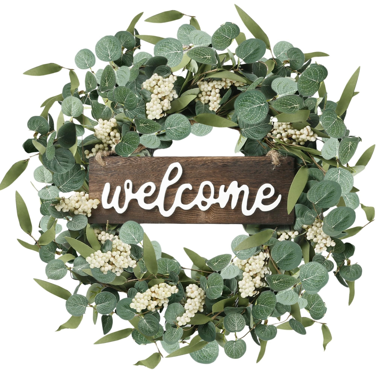 Sggvecsy Green Artificial Eucalyptus Wreath with Welcome Sign 20in Spring Sum…
