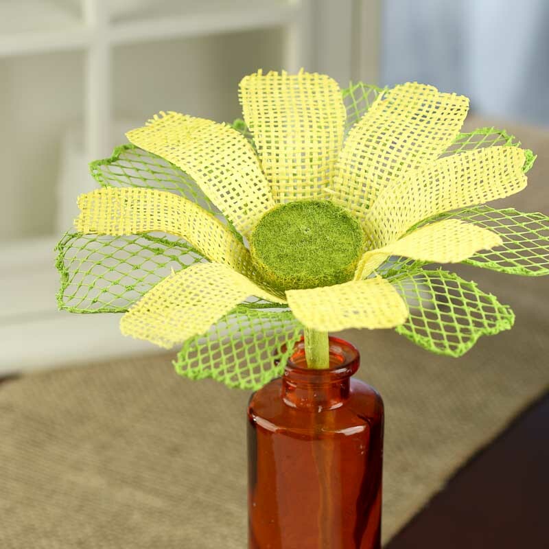 Large and Vivid Yellow and Green Colored Natural Burlap Daisy