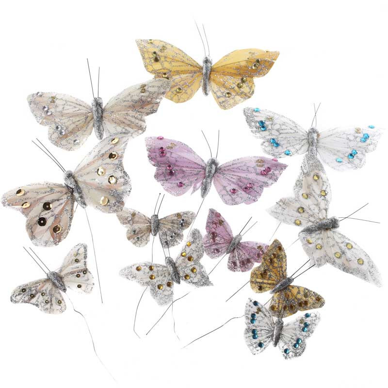 Pack of 12 Assorted Glitter and Rhinestone Artificial Butterflies