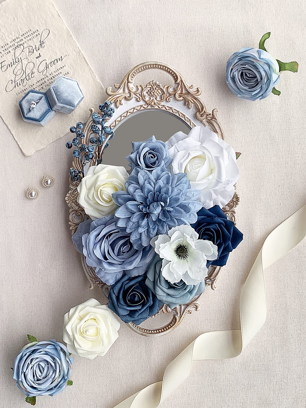 Roses Artificial Flowers Blue Bouquet Box Set Fake Flower for DIY Bridal Wedd…