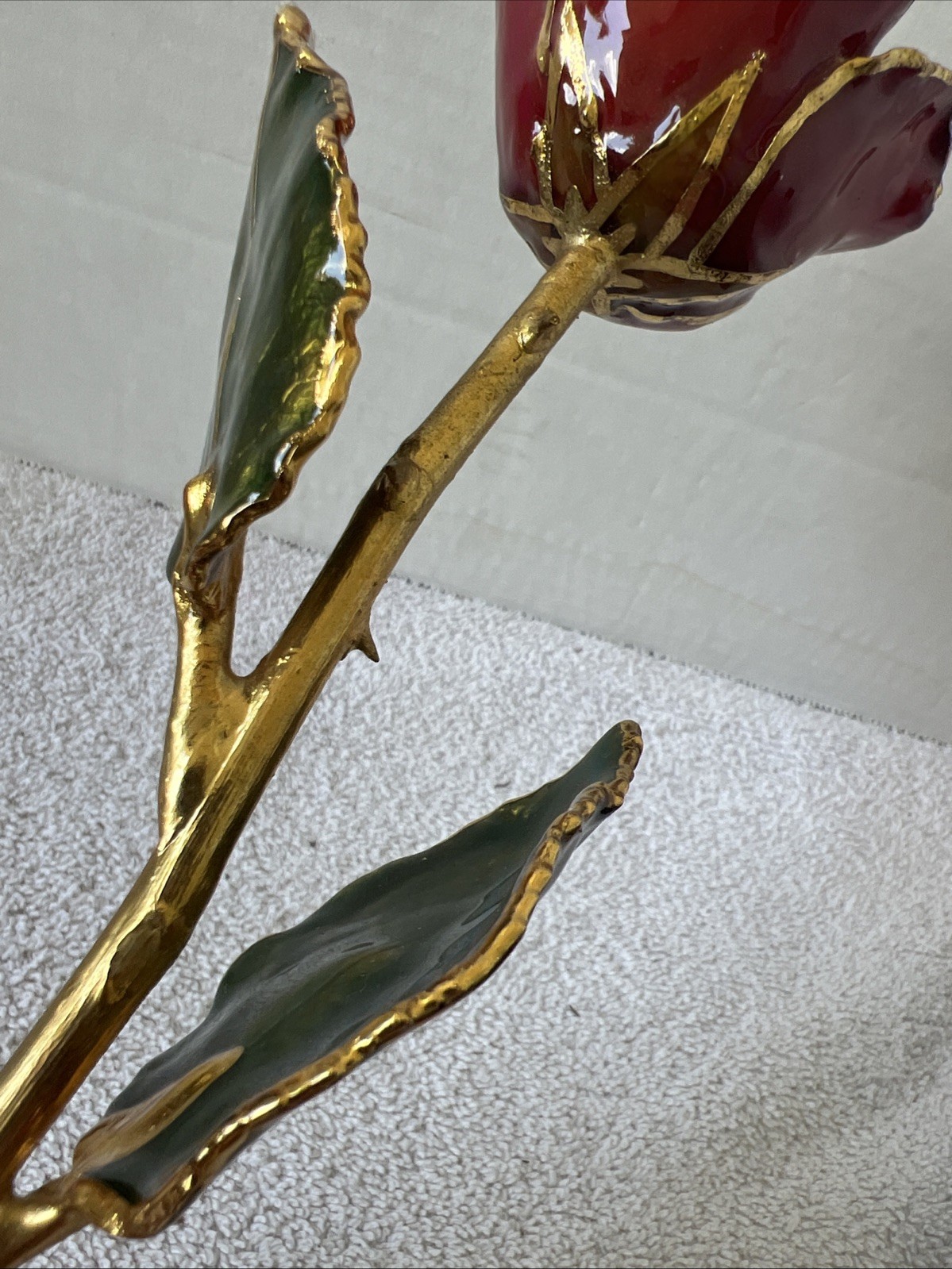 Handcrafted Preserved Red Rose Gloss Laquered With 24K Gold Plated Trimmed