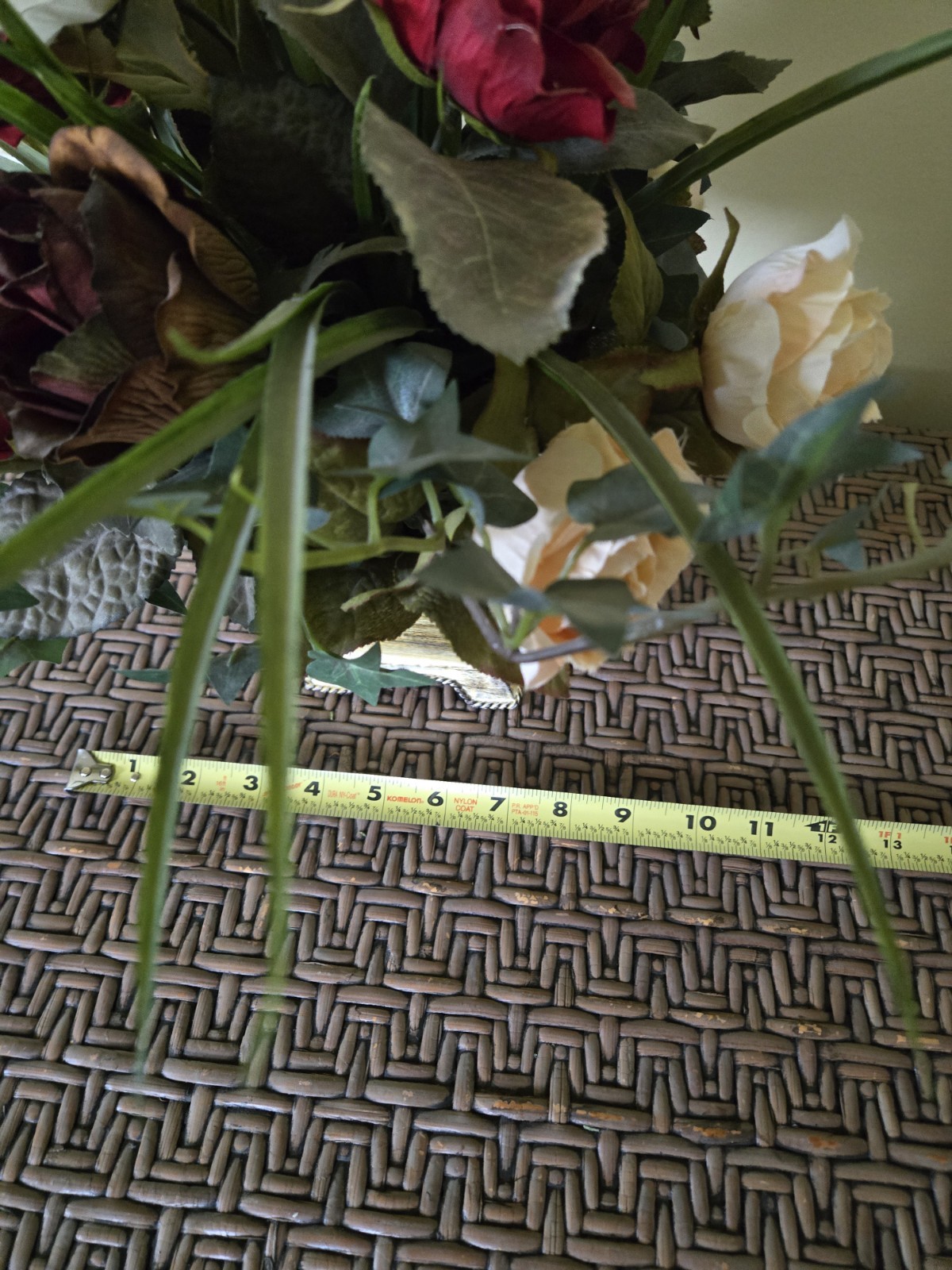 Vintage Rose Floral Arrangement in Footed Metal Pot 12″ Tall Rustic Farmhouse