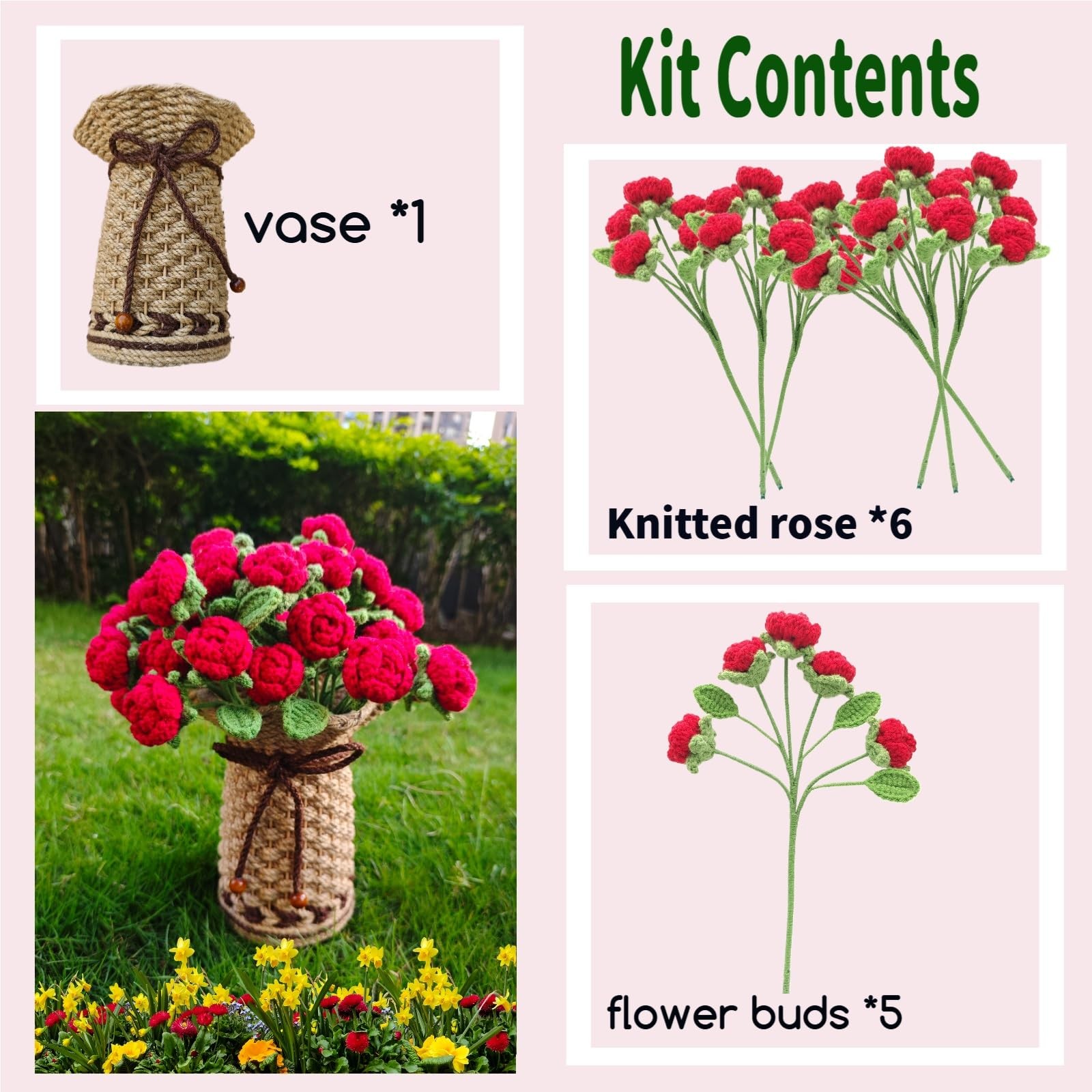 Crochet Red Roses Artificial Flowers Bouquet Knitted Vase Mothers Day Gift