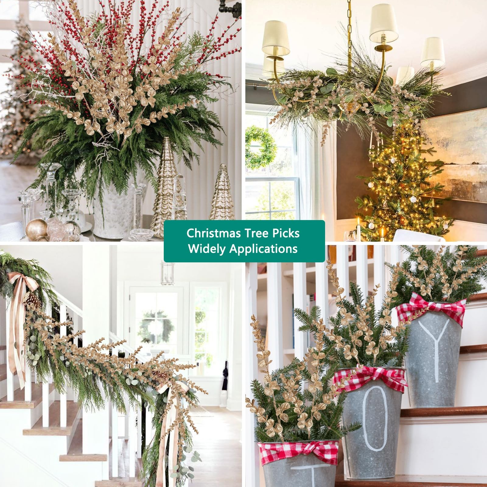 8 Pcs Christmas Tree Picks and Sprays Champagne Glitter Christmas Picks 25.6″…