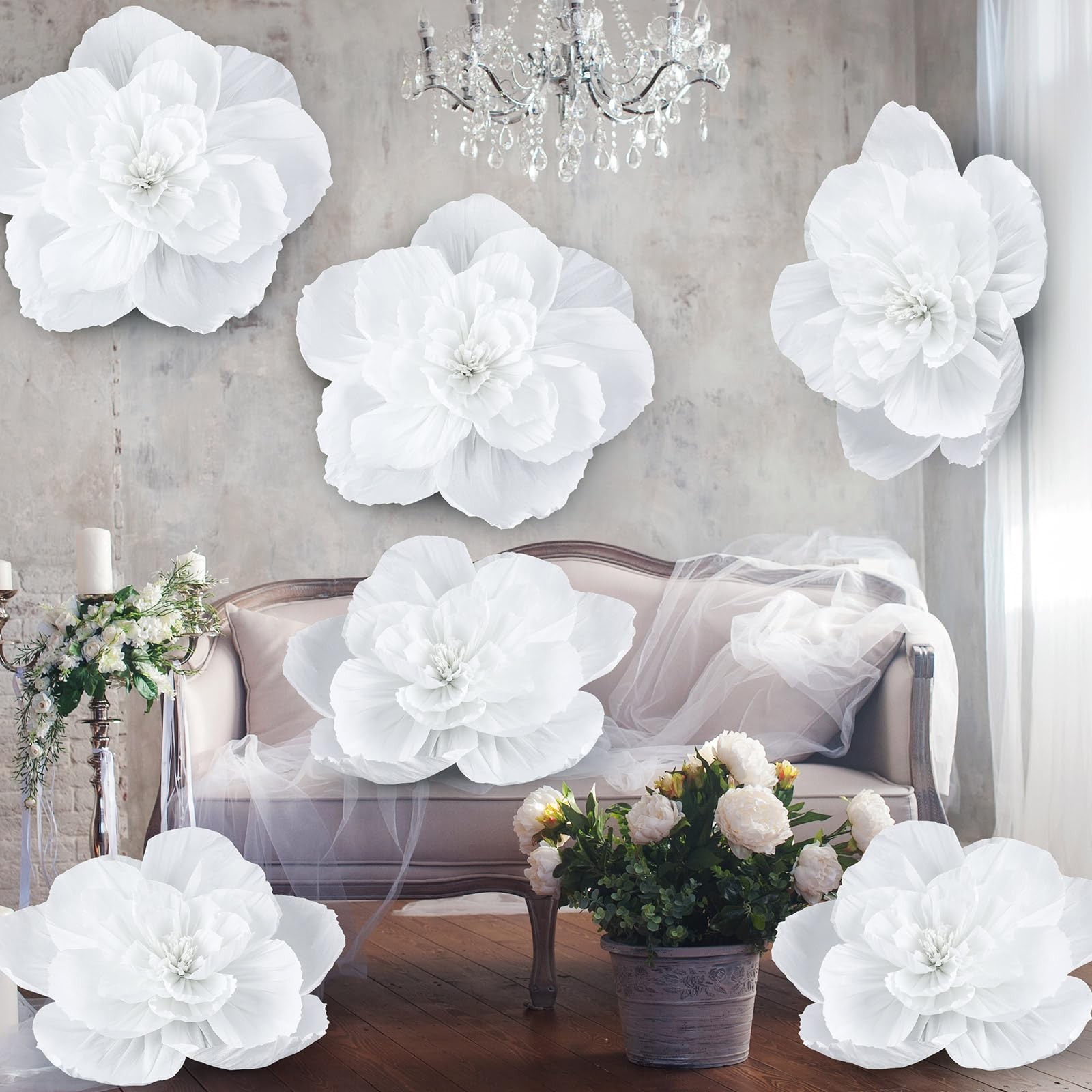 6 Pcs Large Flowers White 24 Inch Giant Big Crepe Flowers Decoration 3D Flora…
