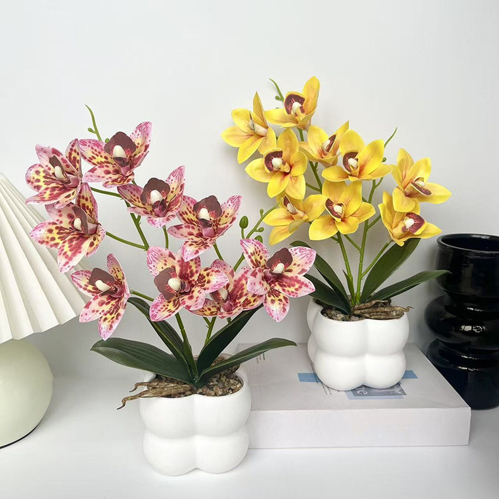 35cm Faux Pink Cymbidium Orchid in White Ceramic Pot for Minimalist Decor