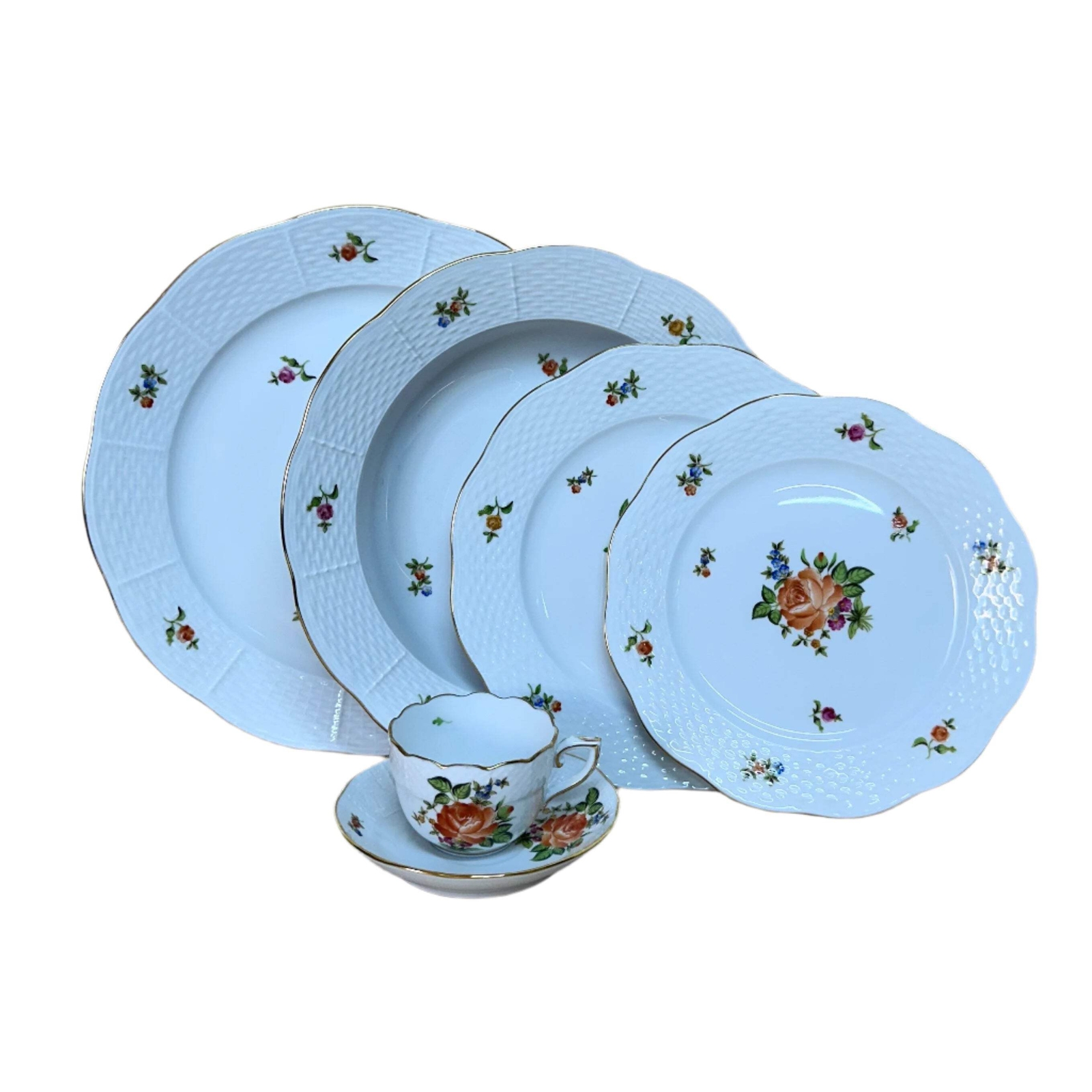 6 pc Herend Small Bunch of Roses Porcelain Dinner Place Setting