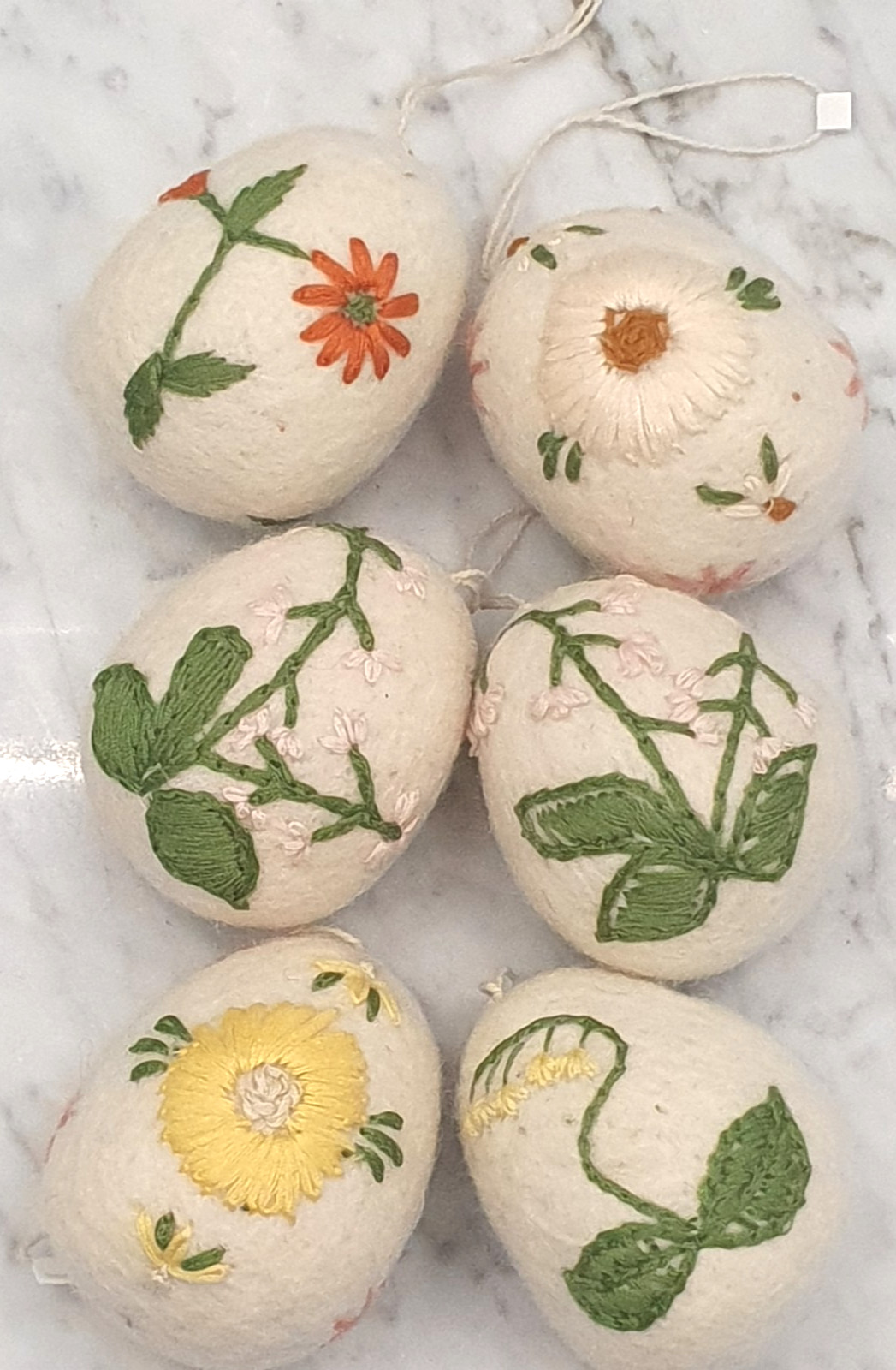 6 Cottage Core Farmhouse Chic Boiled Wool Eggs Embroidered Flowers Basket Decor