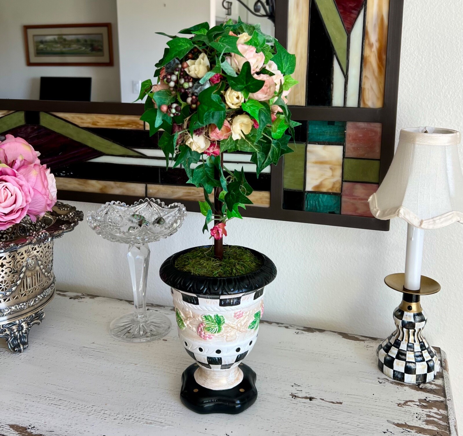 Hand Painted Ivy Floral Rose Topiary – Designer Inspired – Black & White Check